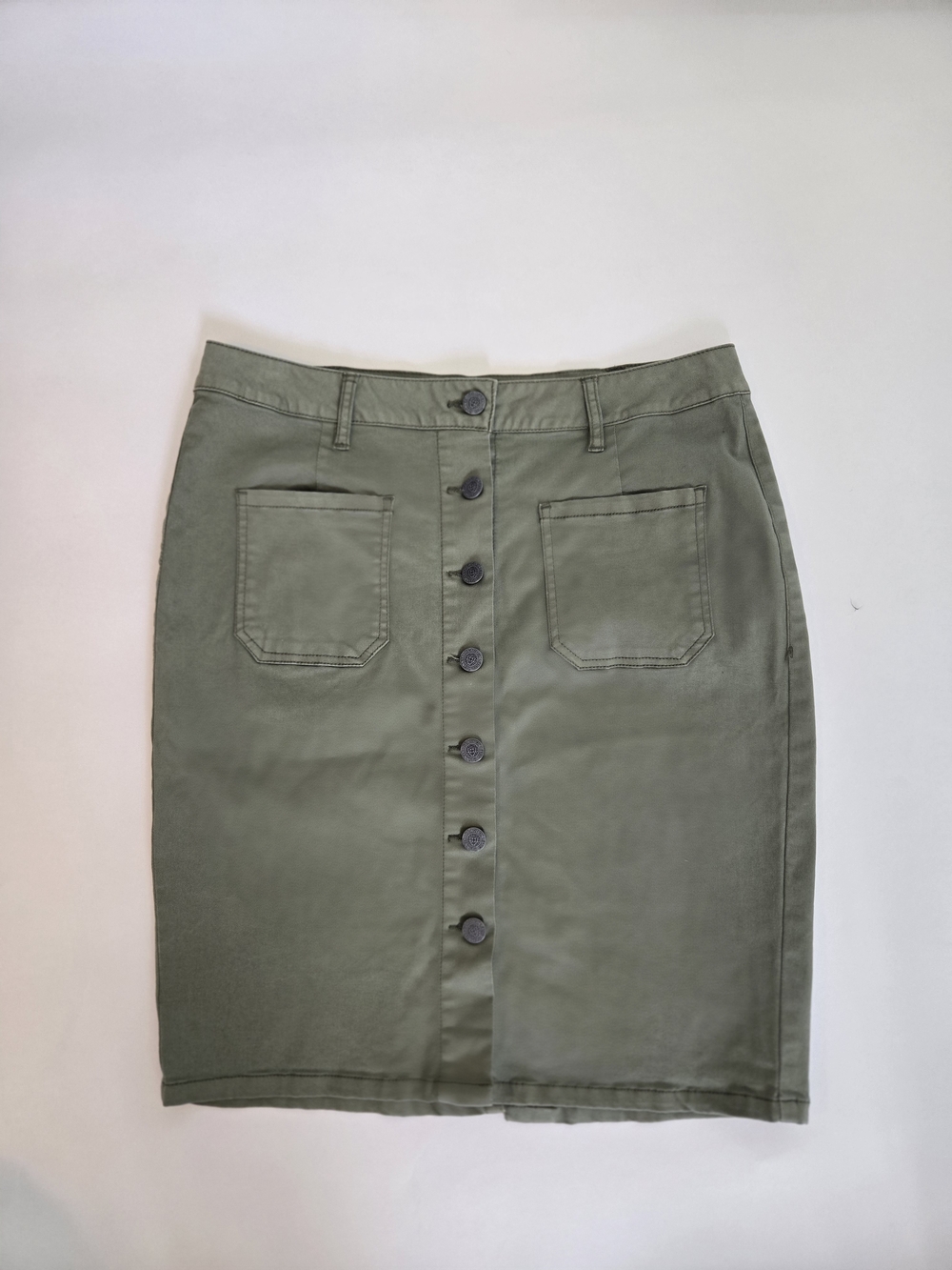 Kenneth Cole High-Rise Olive Green Button-Front Comfy Pencil Skirt Womens Size 6